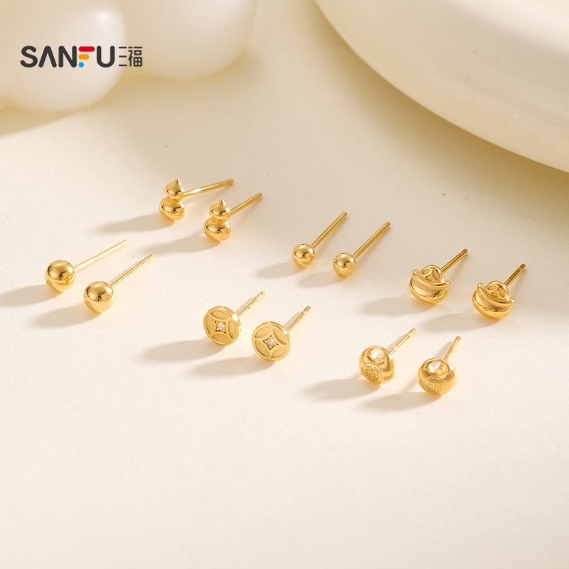 三福925银金色豆耳钉一对 优雅时尚首饰耳饰配饰耳环849985