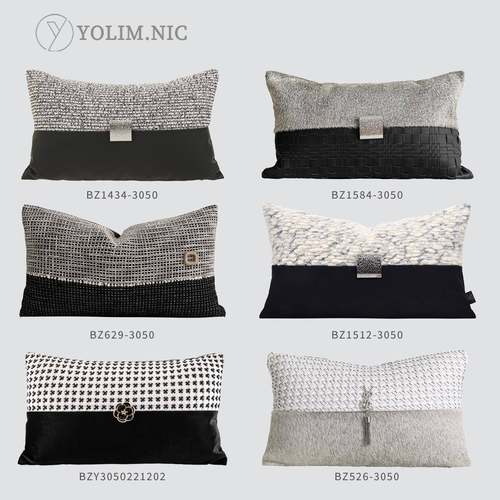 轻奢高级感抱枕客厅靠枕黑色肌理拼接PU皮装饰样板间腰枕床上靠垫