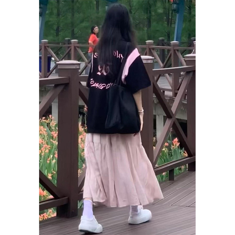 美式复古休闲运动服套装女夏季学生甜美撞色polo领短袖长裙两件套