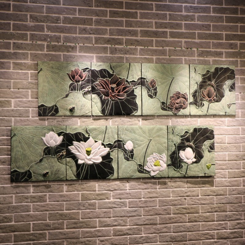 热销中式复古中国风浮雕画荷花壁饰玄关挂画墙饰家居装饰品挂件