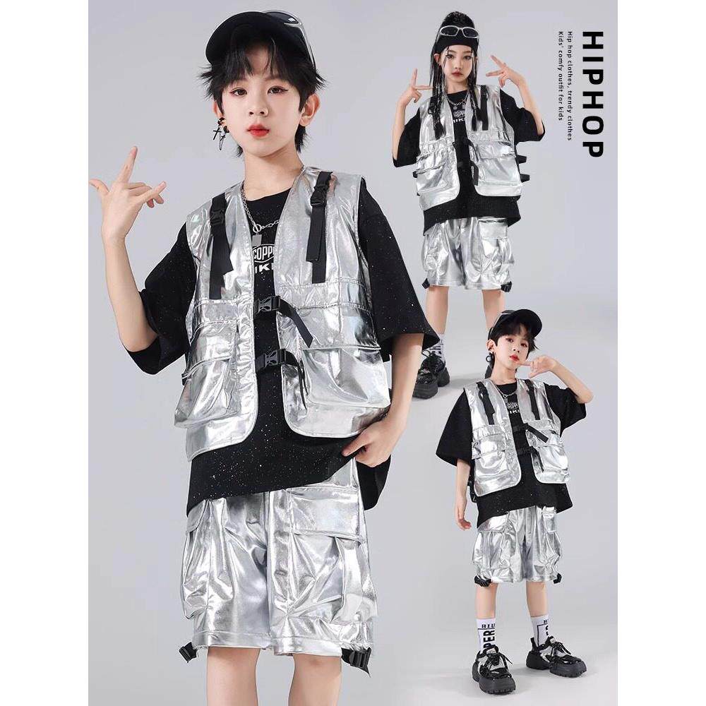 街舞少儿潮服男孩夏季嘻哈银色亮皮套装演出服女孩宽松帅气马甲套