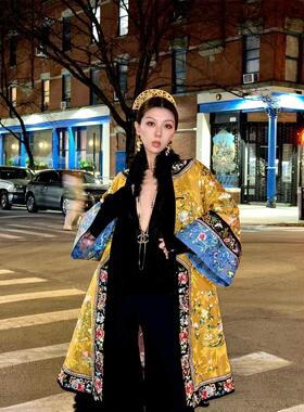清汉刺绣促销年轻奶奶双排扣夹克格子古董夹克黄色满绣长夹克说