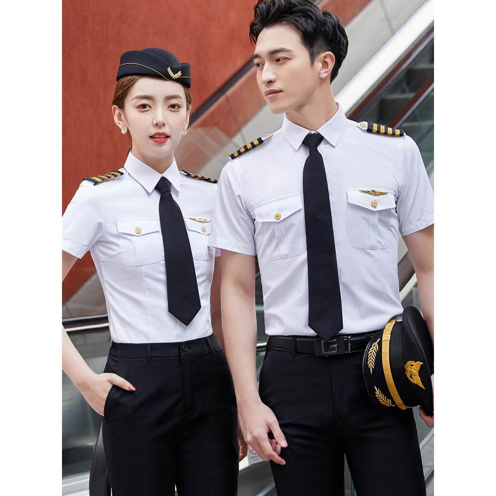 飞行员衬衫女修身南航空军机长工作服夏表演乐队制服男白衬衣半袖