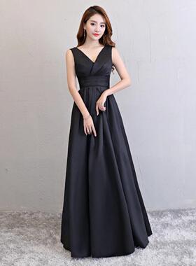 夏季晚装，女性显瘦宴会晚装，长摆裙，高腰无袖V领连衣裙