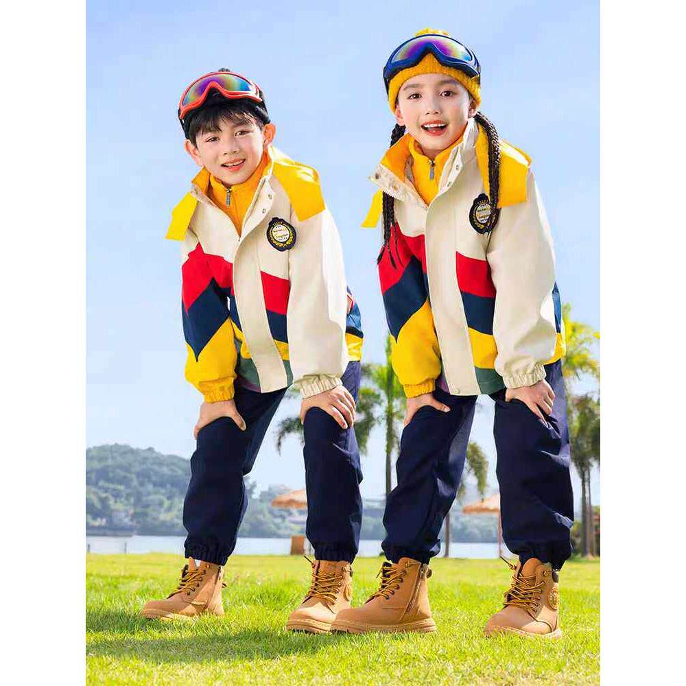 小学生校服冲锋衣三合一拼色套装幼儿园服班服秋冬糖果彩虹运动服