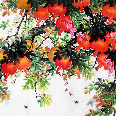 纯手绘石榴树国画花鸟画客厅沙发背景装饰画四尺横幅石榴笑口常开