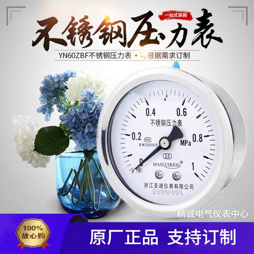YN60ZBF不锈钢耐震压力表耐腐蚀耐高温背接0-1.6MPA M14*1.5圣迪