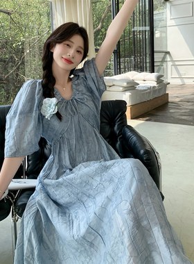 速发蓝色印花泡泡袖连衣裙古季主024新款法式复夏遮肉长款公2裙