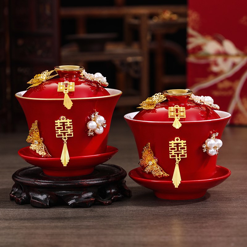 速发改碗敬茶酒杯结婚茶具套陪一对婚庆方装嫁红色喜字口筷婚庆用