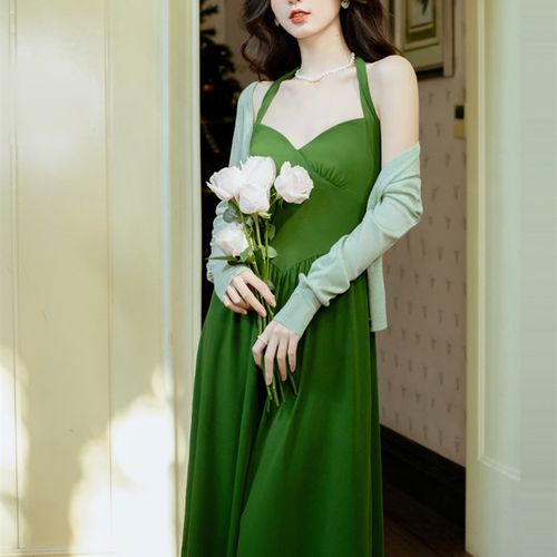 速发80年代复古港风装绿墨色挂脖吊带连衣裙搭vitage古着穿子套装