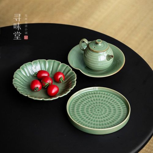 速发竹青古陶瓷壶承茶点盘复釉风养壶茶功盘中式家用托夫茶具小