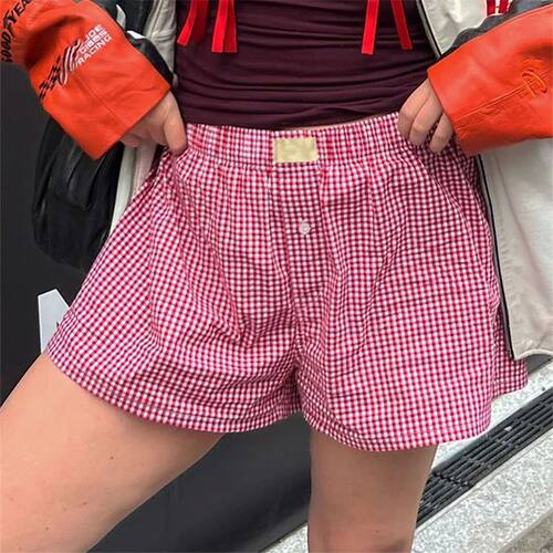 高腰阔腿复古短裤High waisted wide leg retro checkered shorts