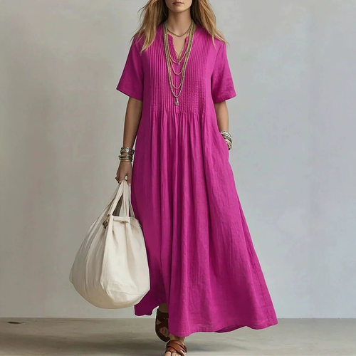 宽松V领休闲短袖连衣裙Loose V-neck casual short sleeved dress