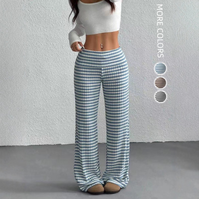 条纹休闲直筒长裤女Striped casual wide leg straight leg pants