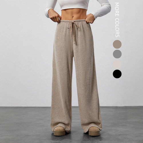 抽绳阔腿休闲长裤Solid color drawstring wide leg casual pants