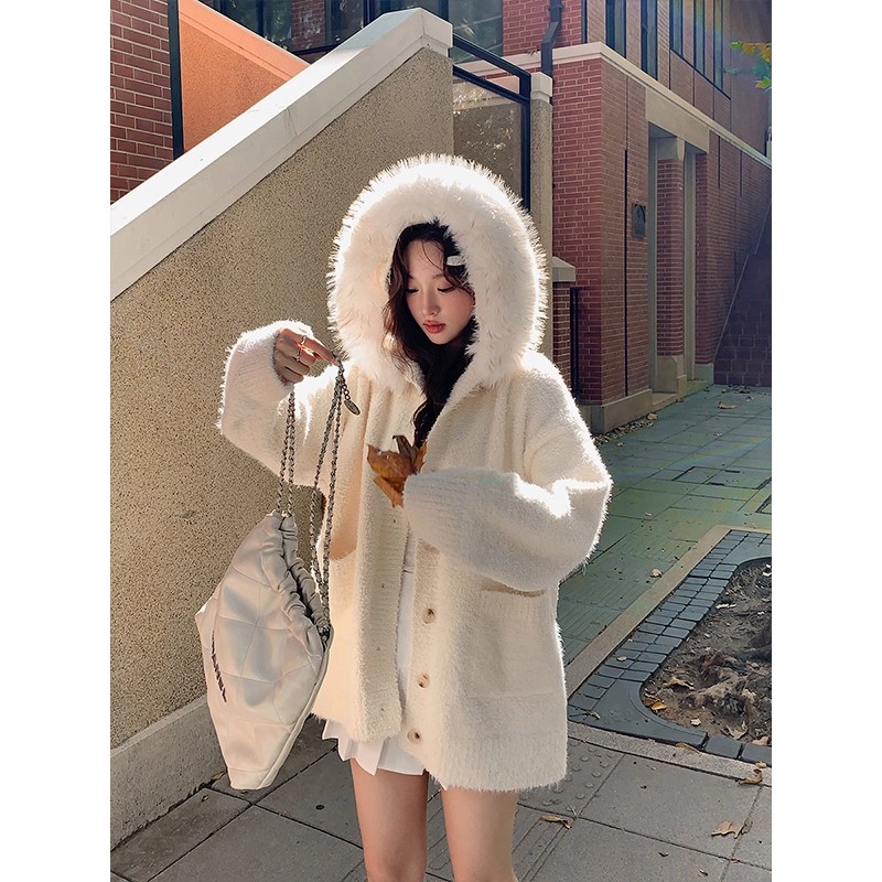 杏色毛毛领连帽毛衣外套女秋冬季加厚慵懒宽松针织开衫小香风上衣