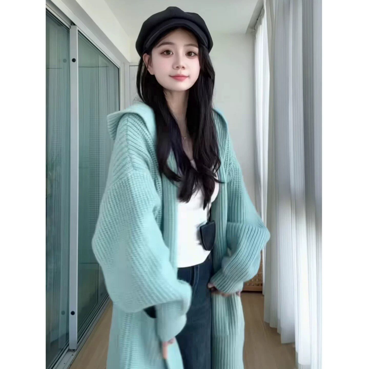 薄荷绿色连帽毛衣外套女2026秋冬季新款加厚慵懒风中长款针织开衫