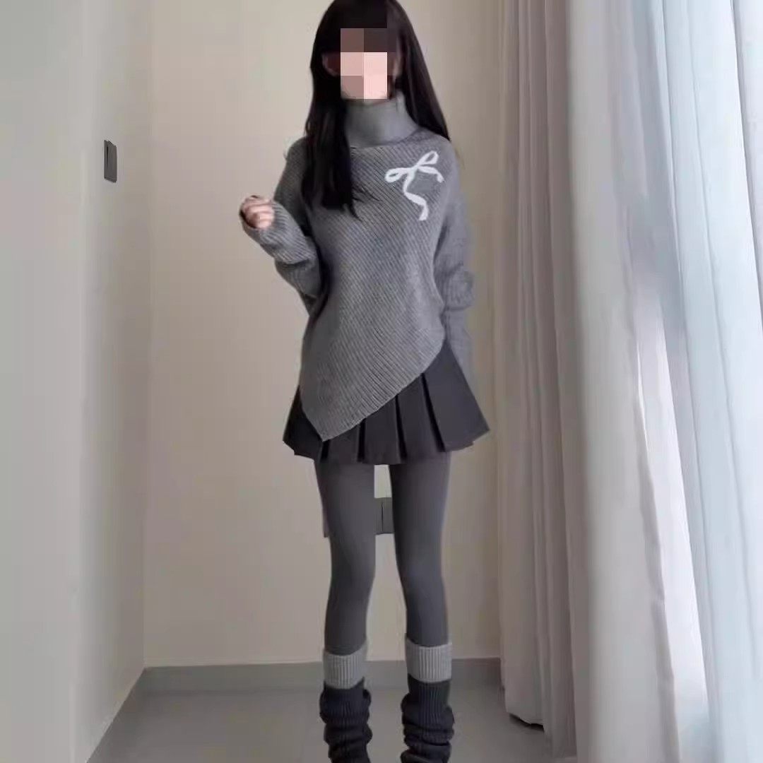 灰色不规则慵懒风毛衣女蝙蝠袖高级感高领内搭针织衫冬季宽松上衣