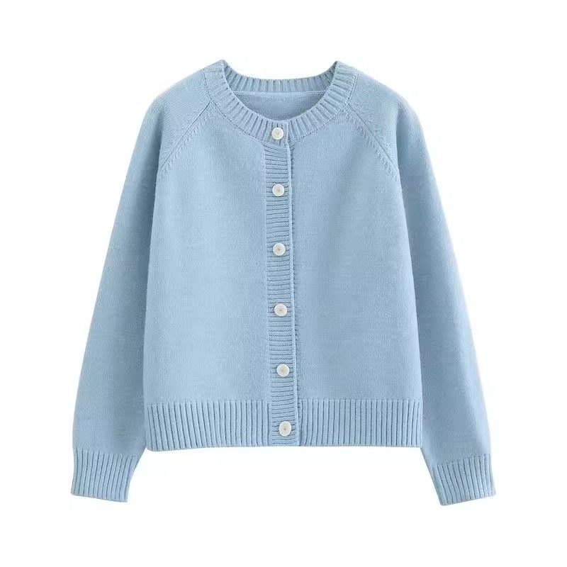 蓝色刺绣正肩长袖针织开衫女春秋小香风宽松短款外搭毛衣外套上衣