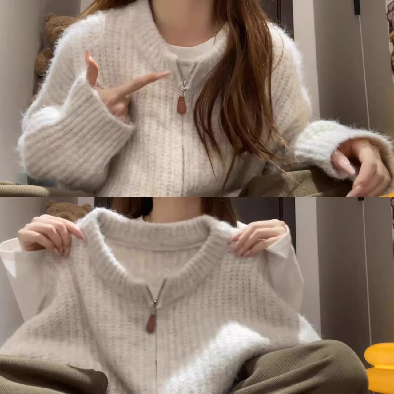 灰色圆领拉链毛衣女2025秋冬新款韩系慵懒风宽松软糯运动上衣外套