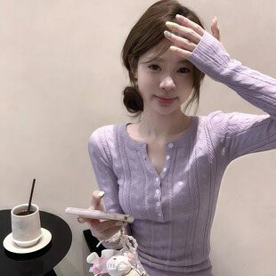 2026新款韩系软糯紫色毛衣女春秋内搭修身套头小个子针织打底上衣
