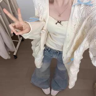 韩系甜美蝴蝶结镂空慵懒风毛衣开衫 外套女 小香风V领针织衫 秋冬季
