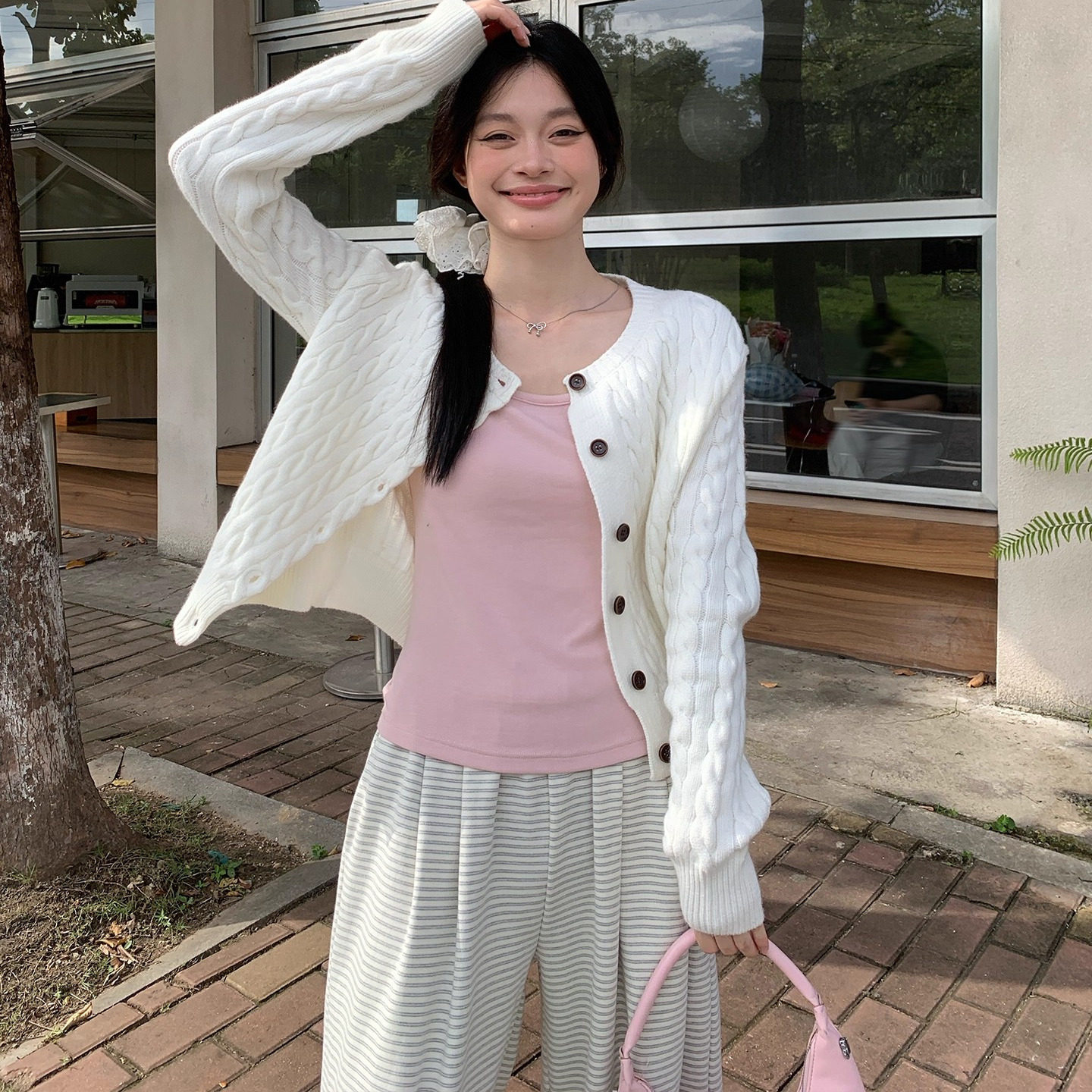 韩版米白色麻花针织开衫外套女春秋季宽松圆领纽扣纯色毛衣上衣潮