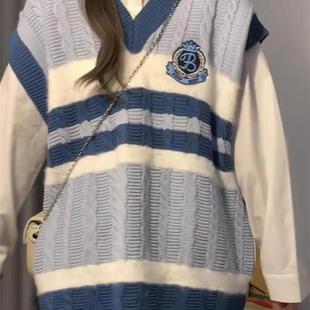 日系学院风V领条纹针织马甲背心女秋宽松慵懒风百搭叠穿坎肩上衣