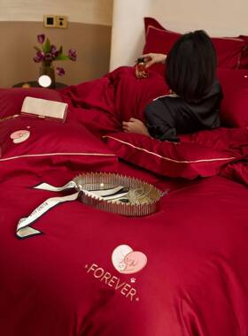 款结100支红色长绒棉婚刺绣床上56137嫁四新件套陪全棉新婚庆喜被