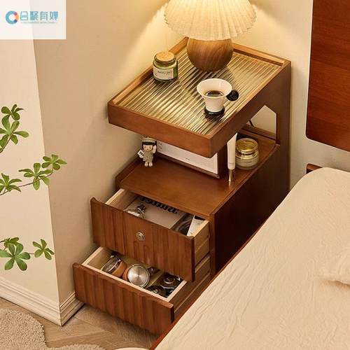 木床头柜家用卧室带RYP锁储物简约现代柜小型实边置床物架简易收