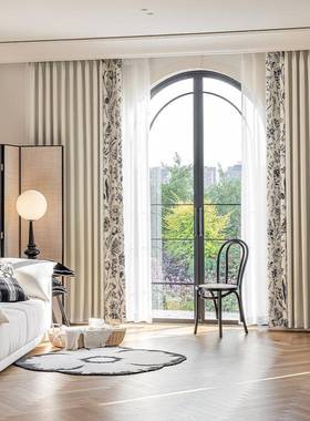 法式室复古兴奶窗油风印花拼色雪尼尔提花遮76425光帘客厅卧绍窗
