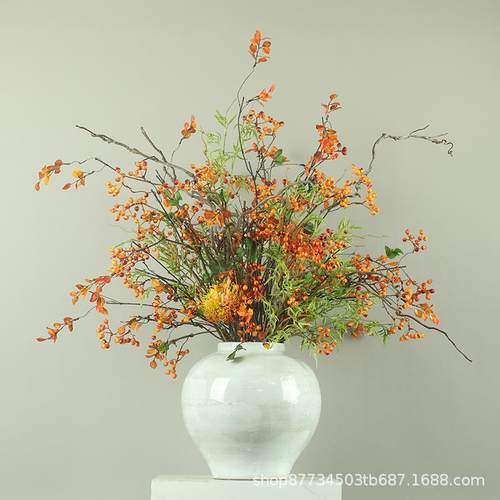 新中式现代秋GNY橙色调色仿真花浆果花艺插玄关茶几几花架软角装