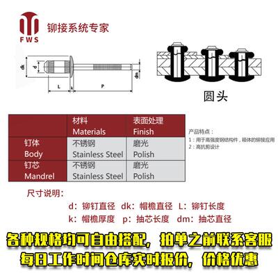 全不锈钢海马抽ACL芯拉铆钉M6汽.410.5φ4.86.4*车结构型/铆钉轻
