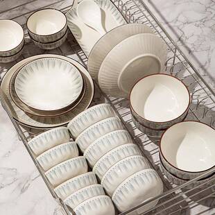 简约陶碗盘子组合蓝线条20家用彩釉下碗装碟瓷套米饭碗菜盘汤碗陶