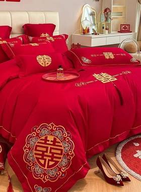 4C挡中式龙凤结婚四件大红色床d674hFDb单床笠E被套刺绣喜被婚庆