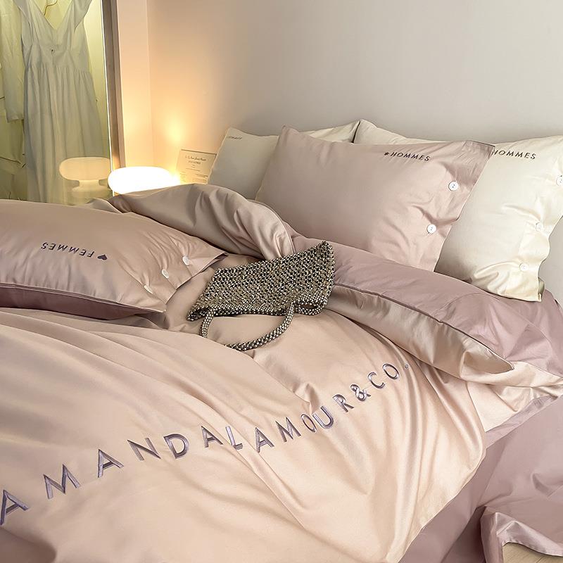 高端100支长绒缎BG70拼色贡四件套棉轻奢纯棉被套床单简床约法式