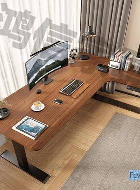 誉黑妆胡桃木调节型电动智能12854可升电降实木转角书桌竞桌电桌