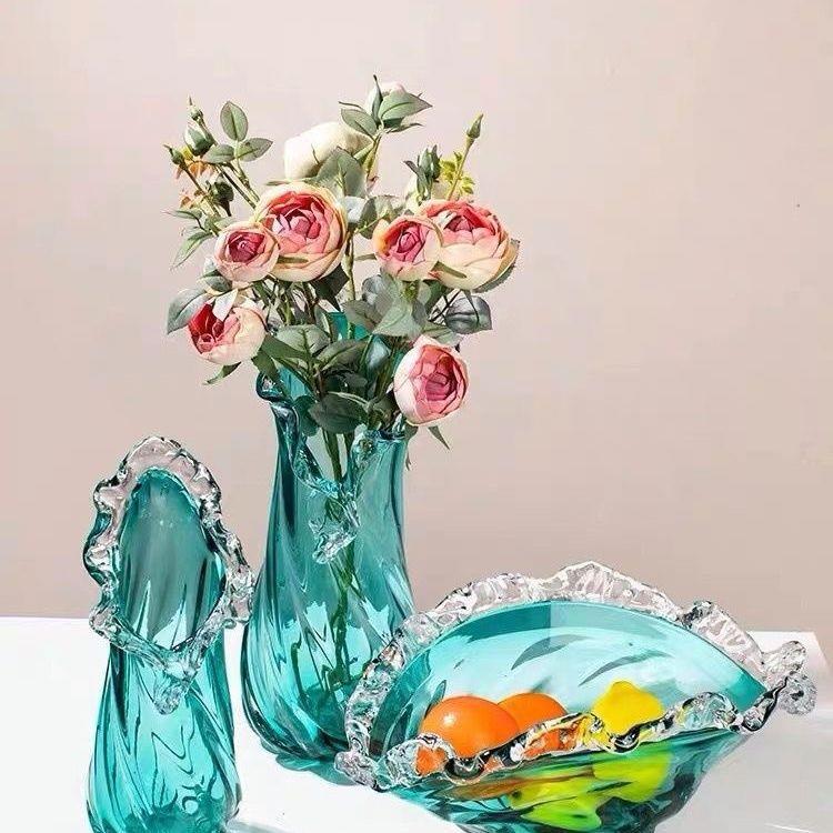 色琉璃玻璃花瓶蓝桌波浪花边水果盘居家客DWY厅桌面餐轻奢摆轻件