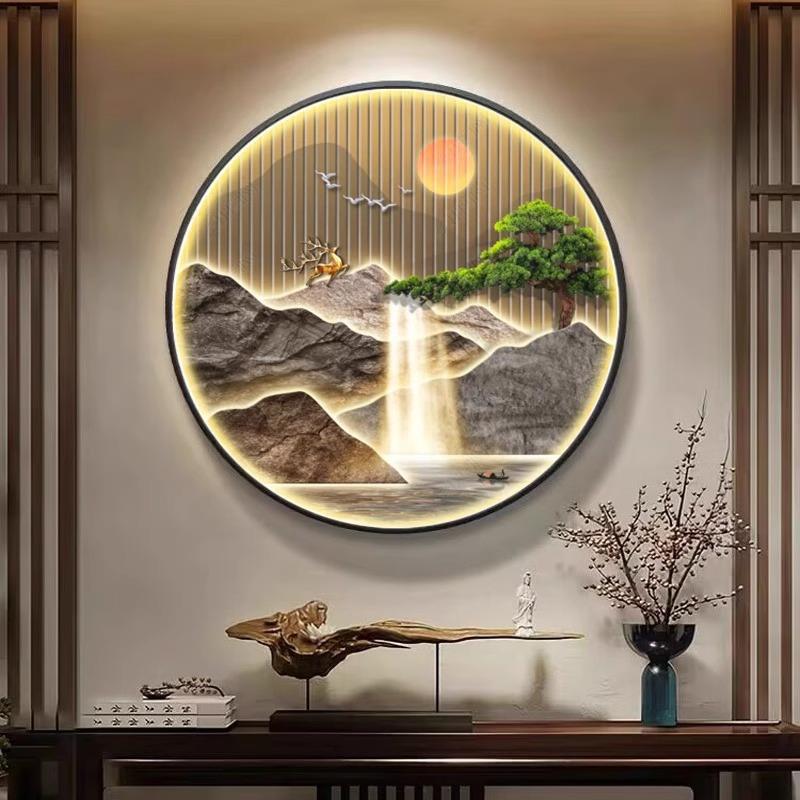 画入饰户圆形KEJ玄关装走画金山图新中式山水挂画廊过道壁画茶室