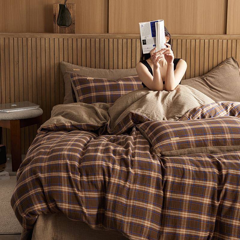A3968类纯日式风格子层纱四件套100双全棉棉025新款纱布床2单被套
