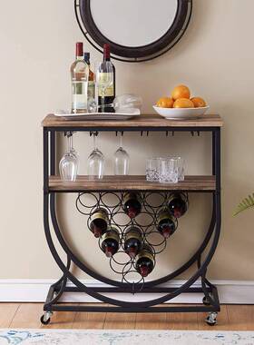 欧式黑铁艺手架推车餐厅储物柜工业色酒吧推车玻璃架红酒酒63895