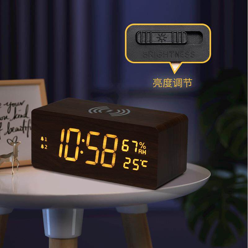 15W无CJO线充闹钟创多能电子钟双组闹铃夜功光钟表静音意LED木头