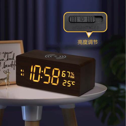 15W无CJO线充闹钟创多能电子钟双组闹铃夜功光钟表静音意LED木头
