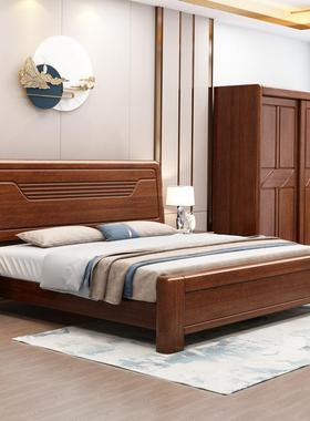 现代中式胡家桃木床用主双卧室实54380木床厂人家直销简约轻奢风