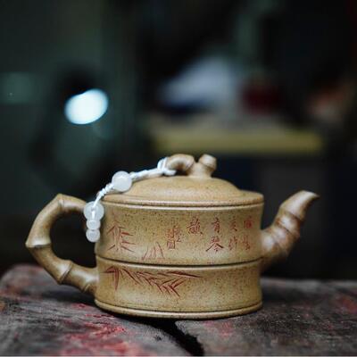 竹段壶宜兴紫砂壶原矿沉香泥纯手工贴竹COH叶紫一泡茶壶砂茶品具
