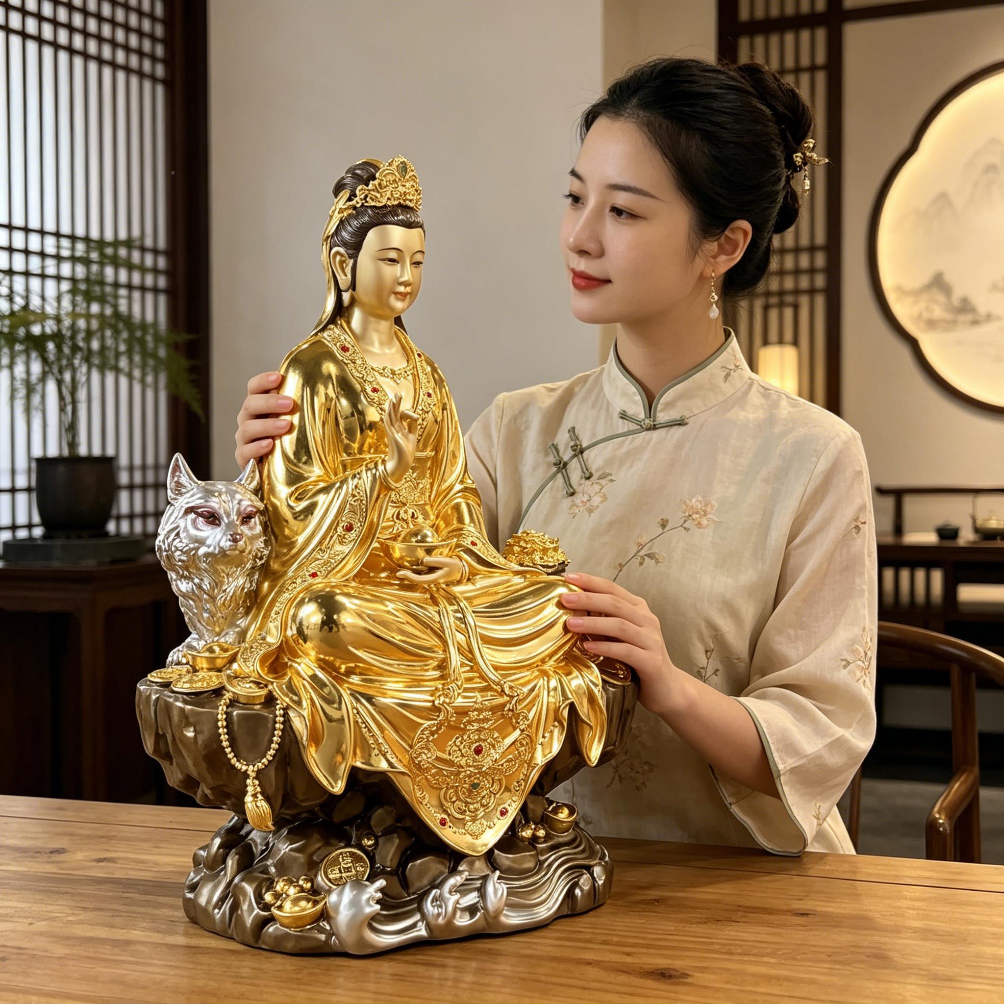TNI九尾娘娘九娘神像姑全铜胡家真九尾红狐身摆件供奉用彩绘佛家