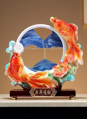 新中式年年有余 余流沙画年年有余画创意摆 件客厅酒视柜玄柜关电