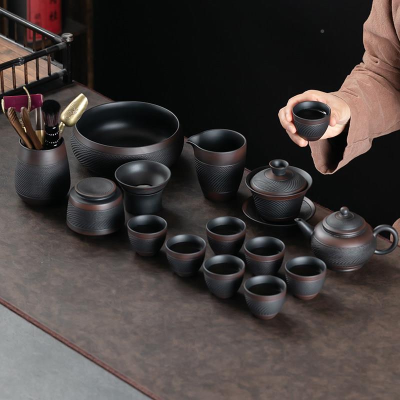 紫陶功夫具套紫组覆古zt001家用简约陶瓷砂茶茶壶盖碗整套茶泡杯