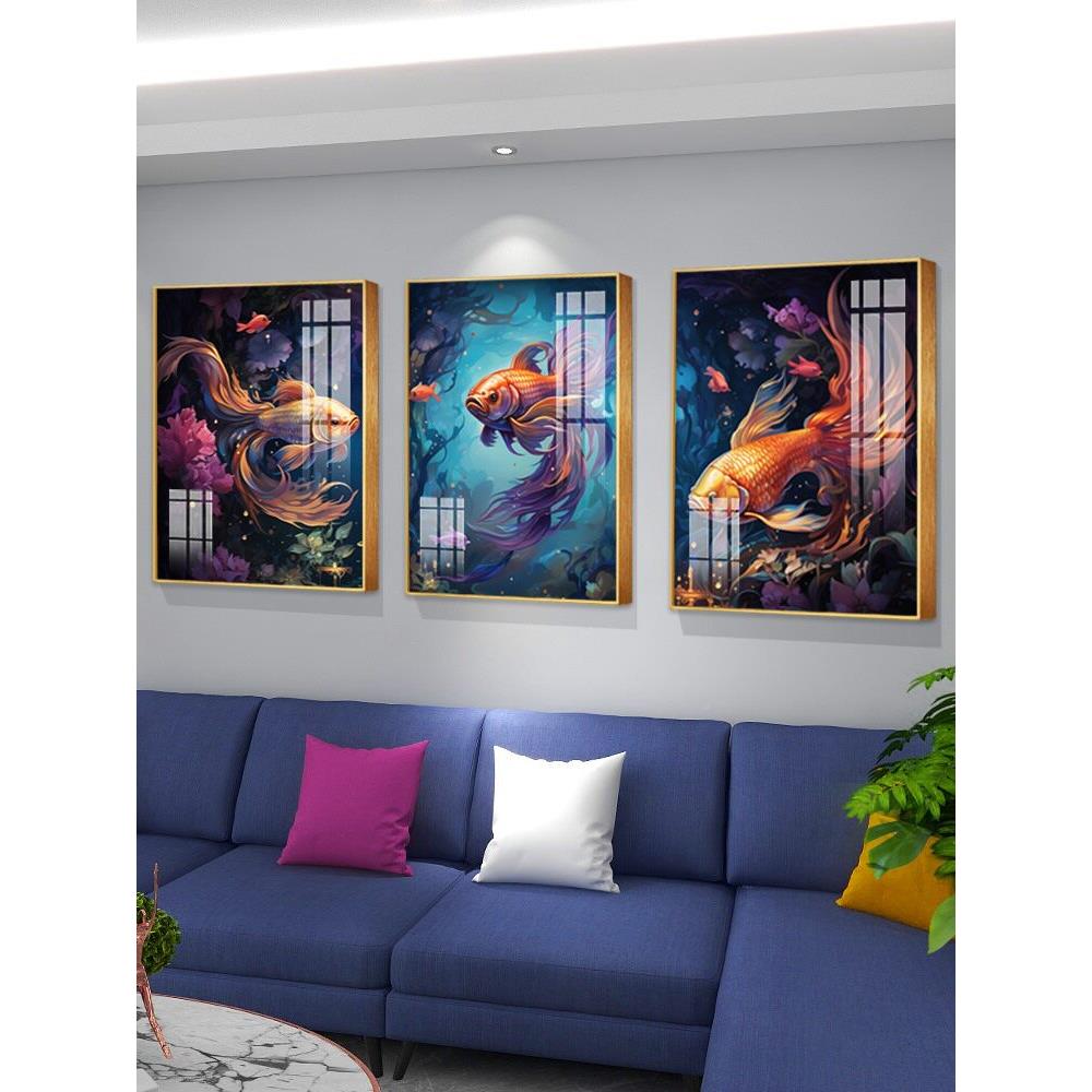 现代极主义厅沙发简背景墙饰画丰富客锦鲤三联CTX画高装端易接近