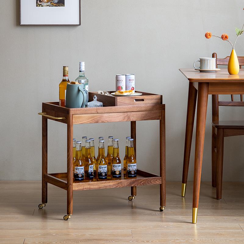 黑桃木HK-014几实木角小推车可移动小酒车小茶几小型户客厅沙发侧